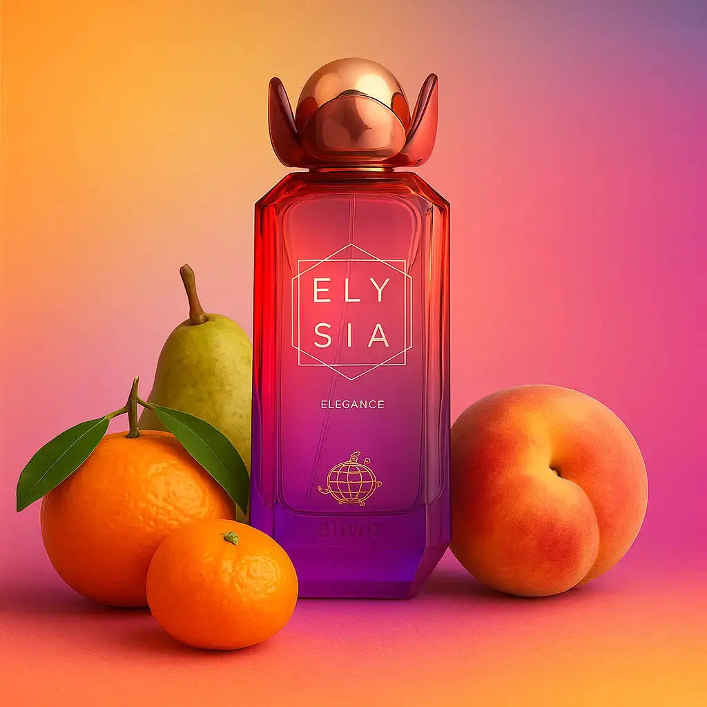 Parfum Elysia Élégance, sur fond orange, violet et rose avec autour les notes qui composent le parfum : Pêche, Poire, Agrumes