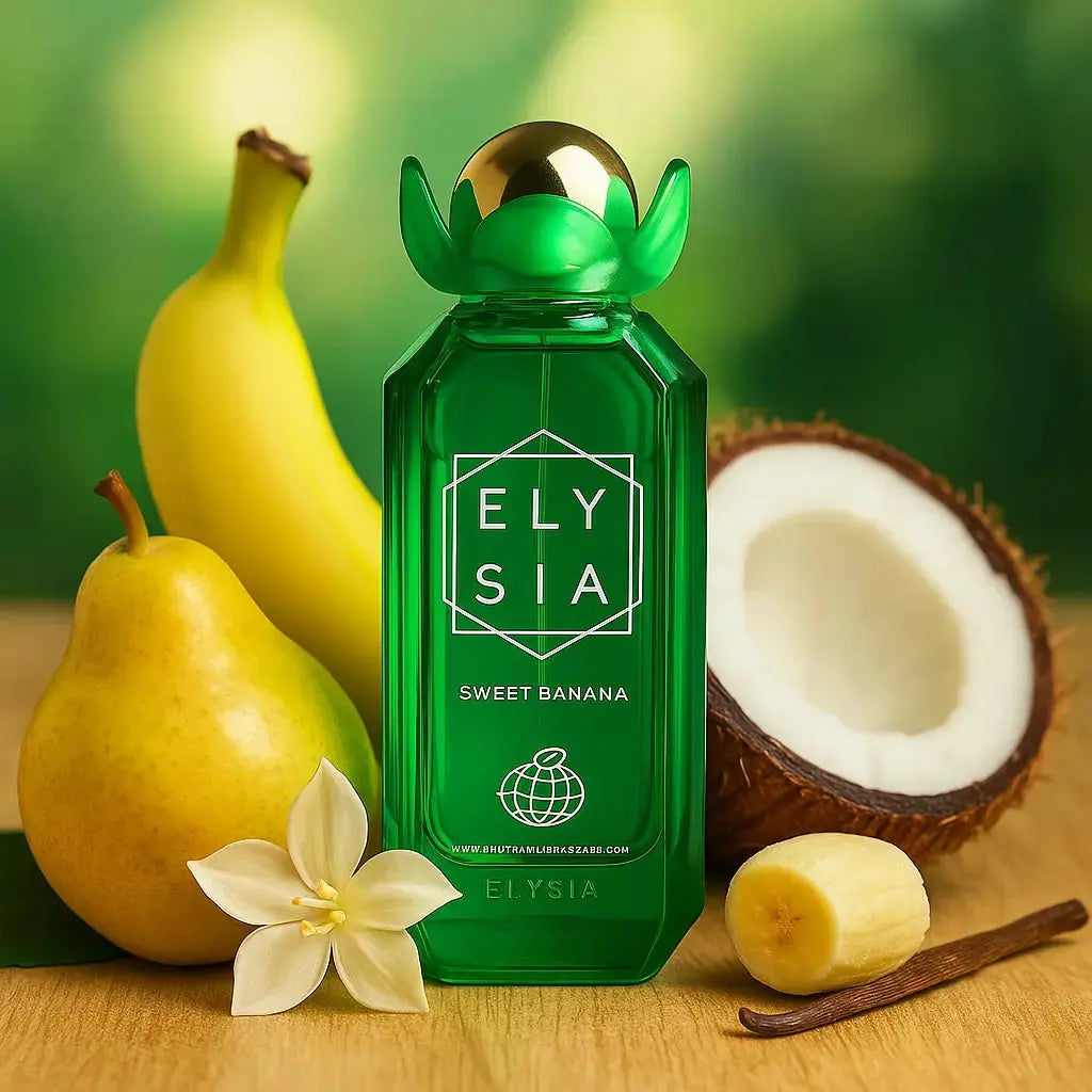 Parfum Elysia Sweet Banana, sur fond vert avec autour les notes qui composent le parfum : Noix de Coco, Banane, Vanille, Poire