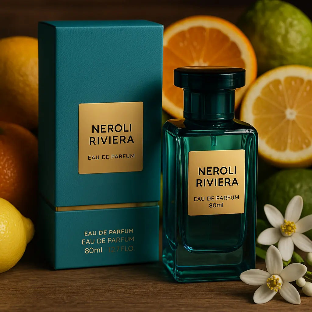Eau de Parfum Neroli Riviera avec Packaging et les agrumes dont sont tirées les senteurs du Parfum en arrière-plan