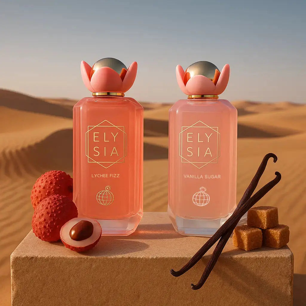 Eaux de Parfums Elysia Lychee Fizz et Elysia Vanilla Sugar sur un présentoir au milieu du désert des Émirats, avec autour les notes qui composent les parfums : Vanille, Sucre Cassonade, Litchi