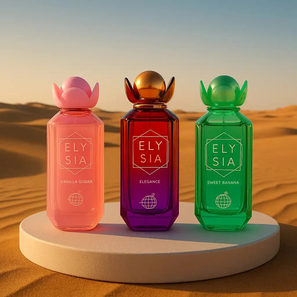 Bundle des Eaux de Parfums Elysia Vanilla Sugar, Elysia Élégance et Elysia Sweet Banana, sur un présentoir au milieu du désert des Émirats