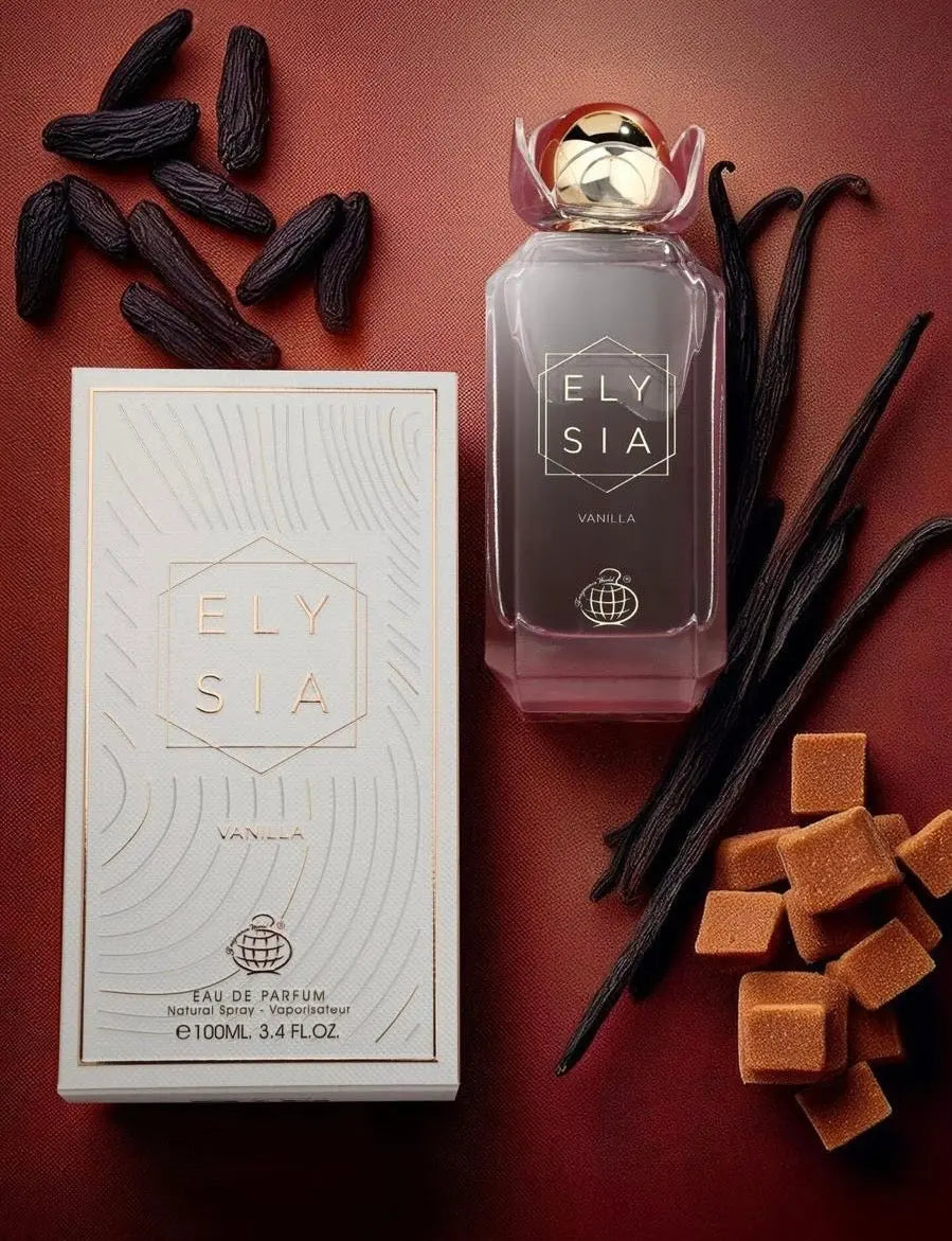 Eau de Parfum Elysia Vanilla, avec Packaging et les ingrédients utilisés pour ce parfum : vanille, cassonade, fèves de tonka