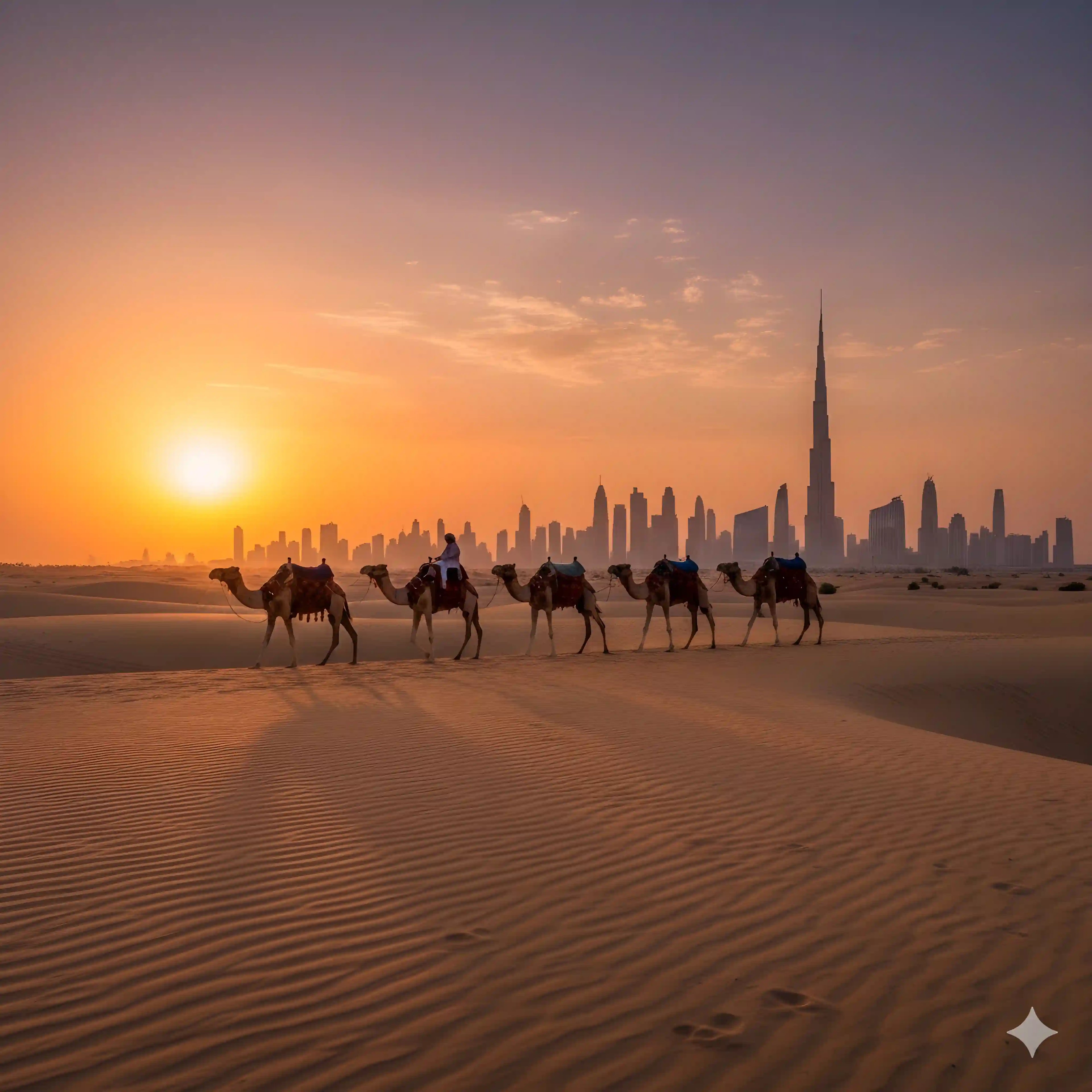 Caravane de chameaux traversant le désert de Dubaï au coucher du soleil, avec la skyline de la ville en arrière-plan, symbolisant l'héritage oriental et la modernité.