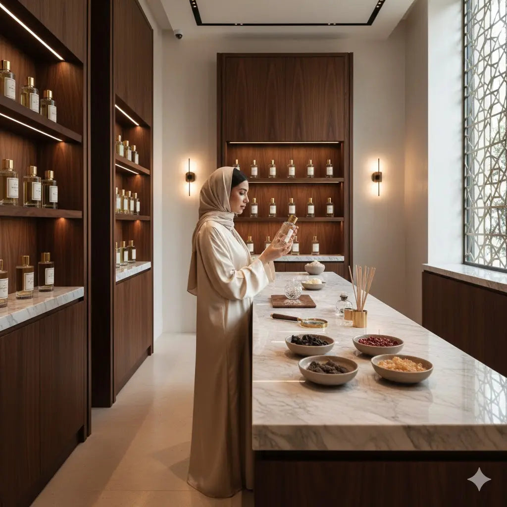 Femme élégante dans un atelier de parfums orientaux à Dubaï, observant un flacon au milieu d’ingrédients précieux et de fioles dorées, représentant l’univers luxueux de Beauté d’Orient.